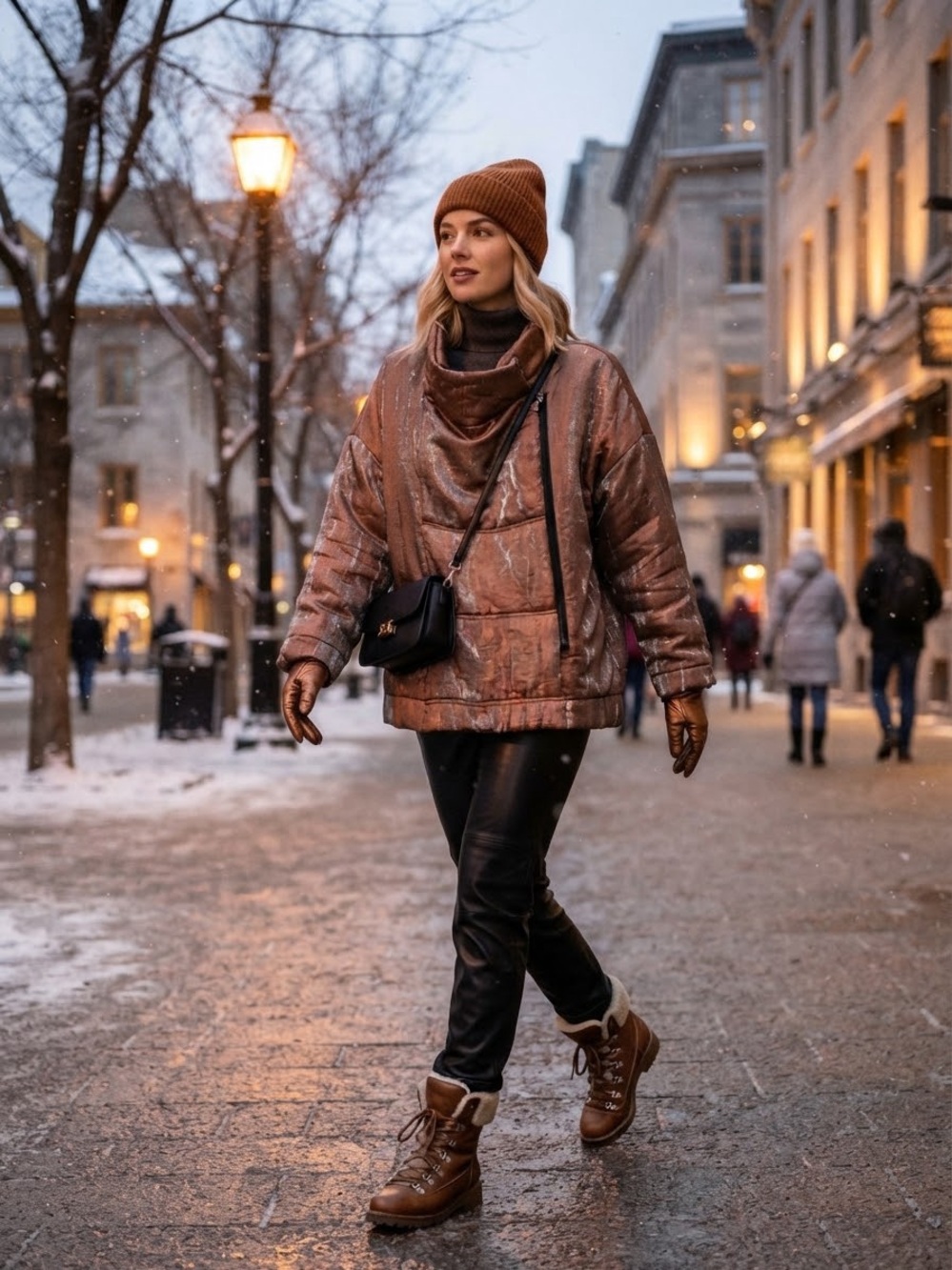 Women's Oversized Puffer Jacket in Metallic Brown striking copper-hued